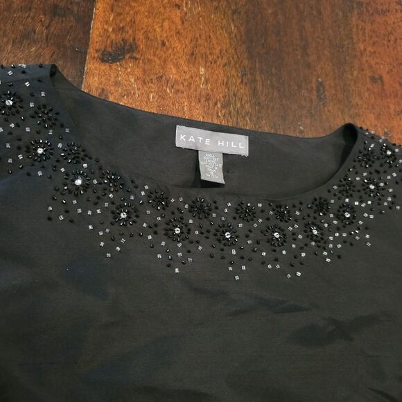 KATE HILL beaded silk evening blouse size 8 sleeveless black top formal - Picture 2 of 9